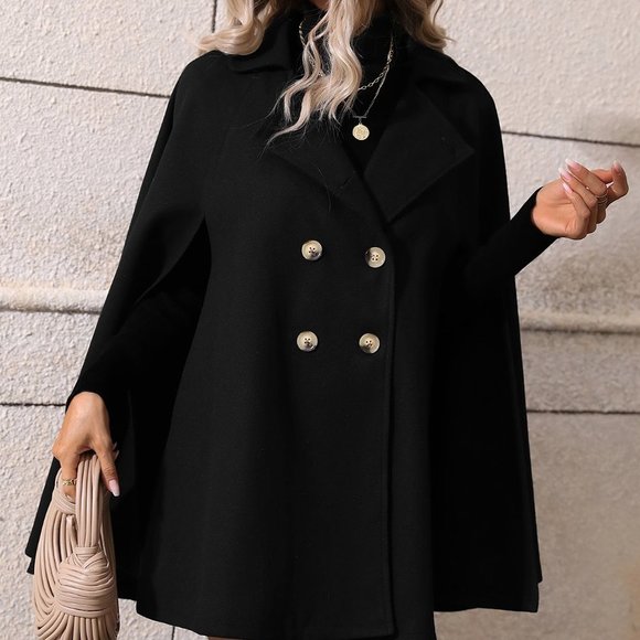 Black Preppy Womens Double Breasted Cloak Sleeve Cape Overcoat - Picture 6 of 7